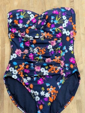 Anne Cole One Piece Bandeau Swimsuit Navy Blue With Flowers Size 10